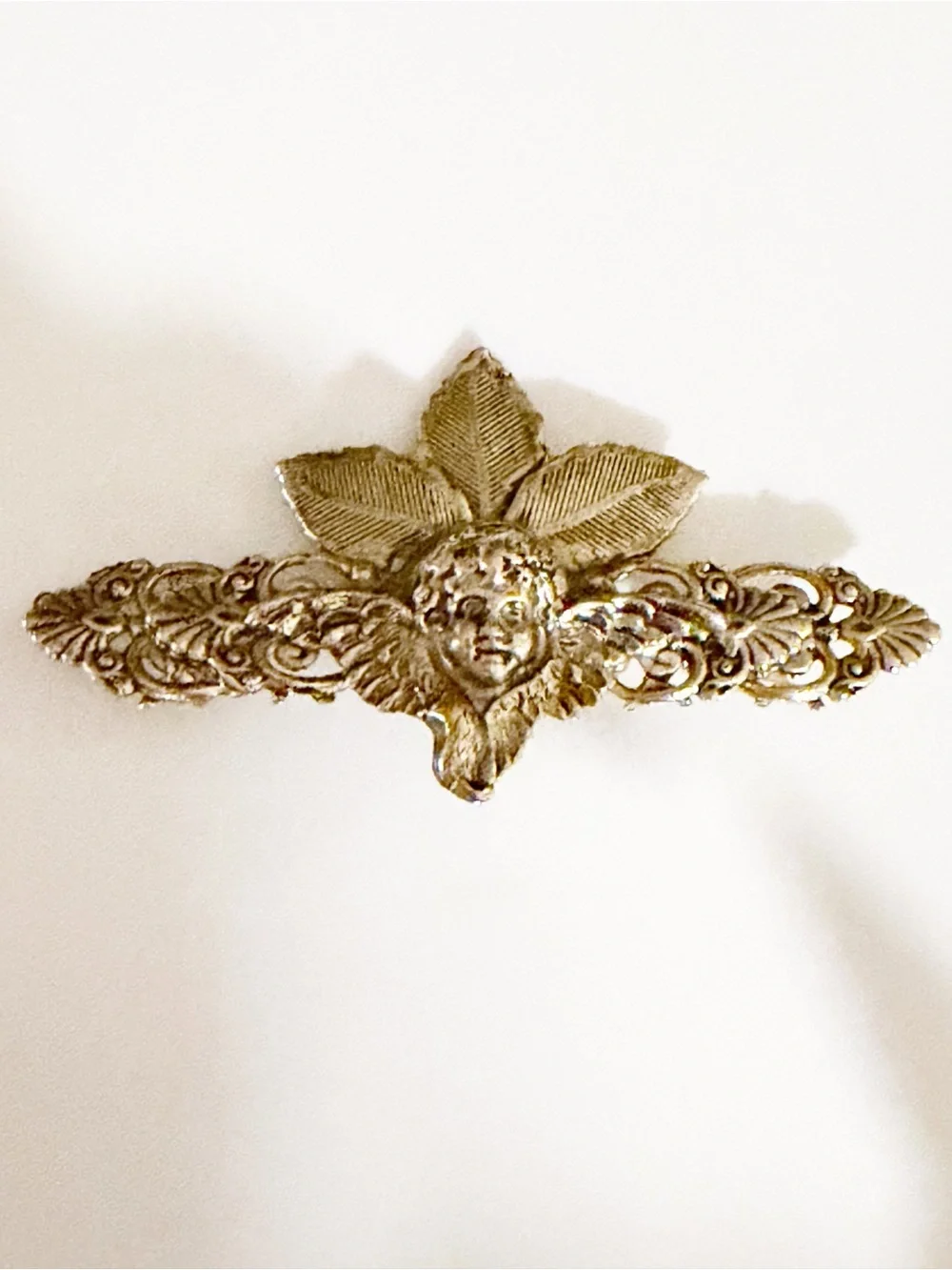VINTAGE Gold Tone Cherub Angel Bar Brooch Pin Filigree Floral Victorian Style